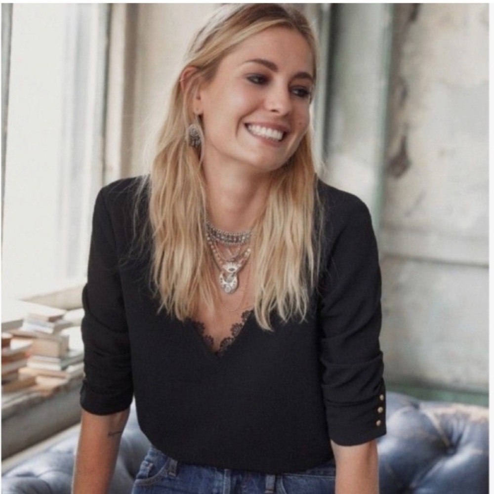 Sezane Adele Black Blouse with Lace Detail and gold buttons sz 6